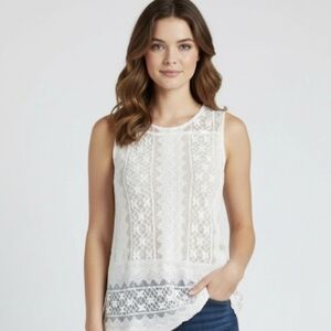 Boho Chic White Lace Sleeveless Tank Top - Intricate Crochet Overlay, Size S
